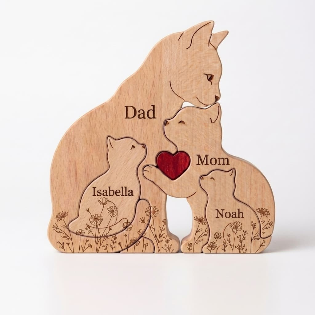 Cat Family Wooden Puzzle Floral Version