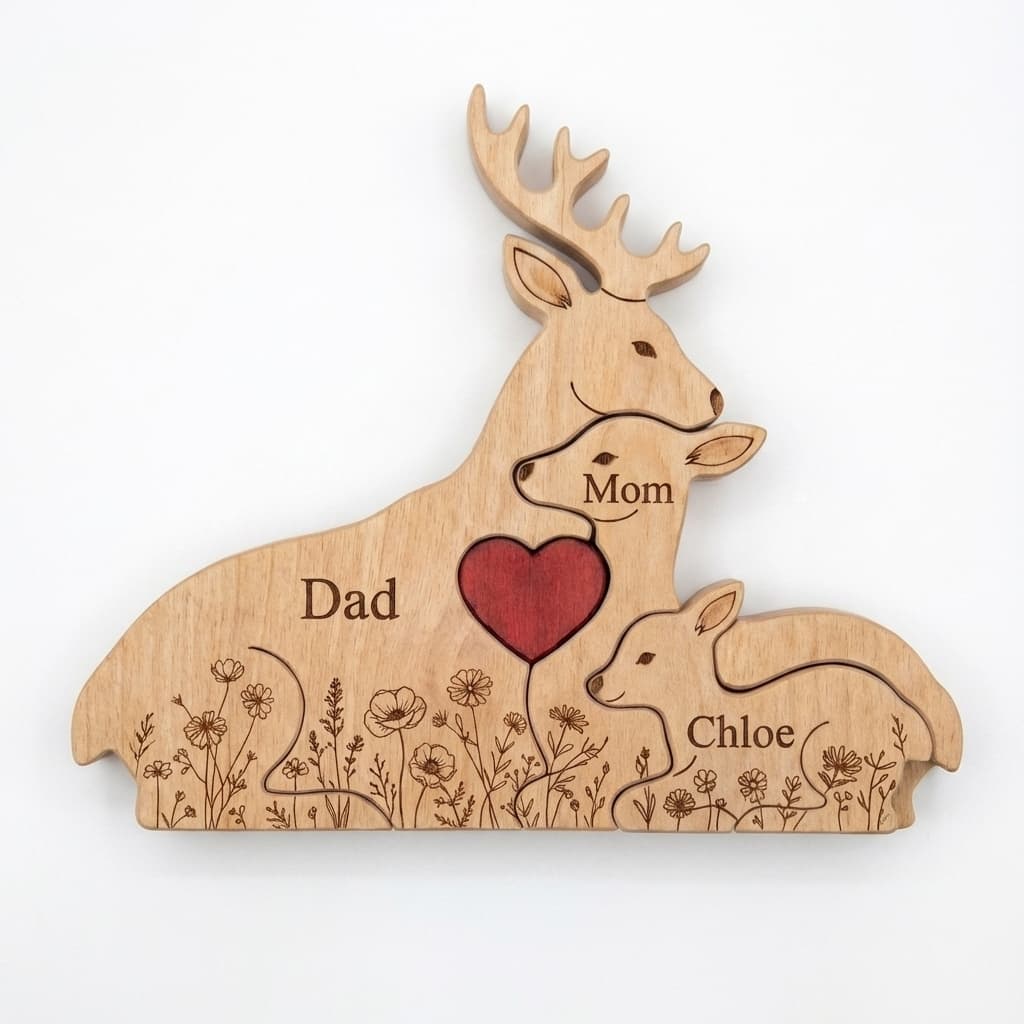 Deer Family Wooden Puzzle Floral Version