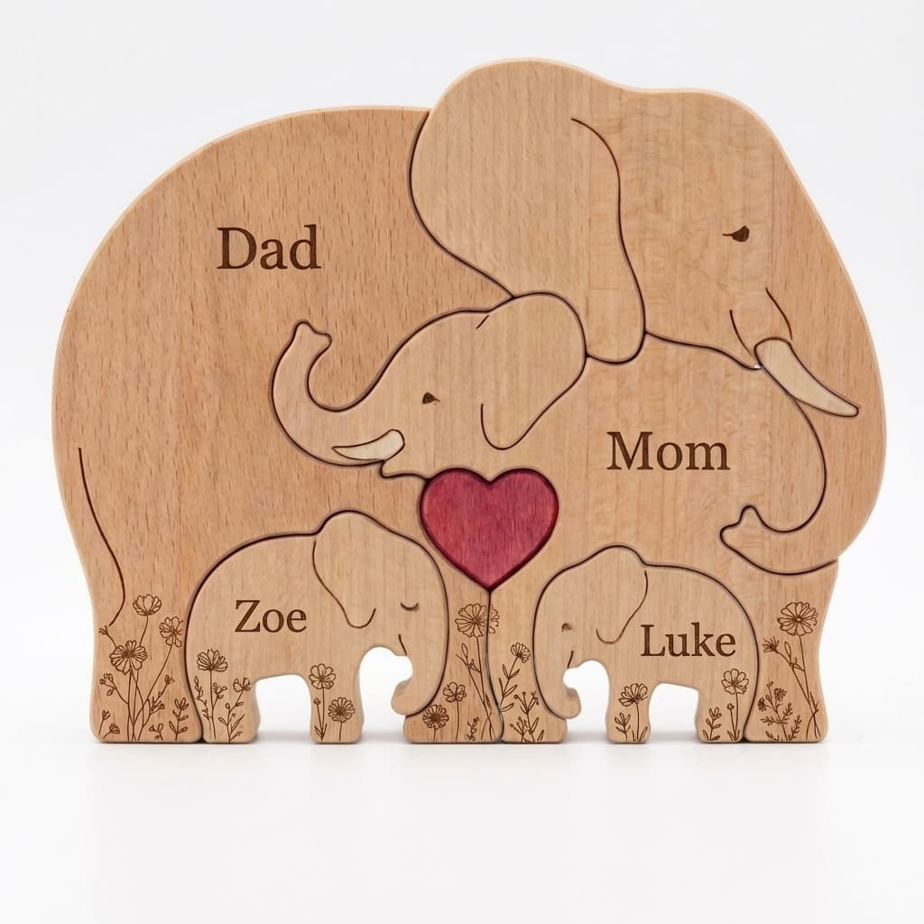 Elephant Family Wooden Puzzle Floral Version