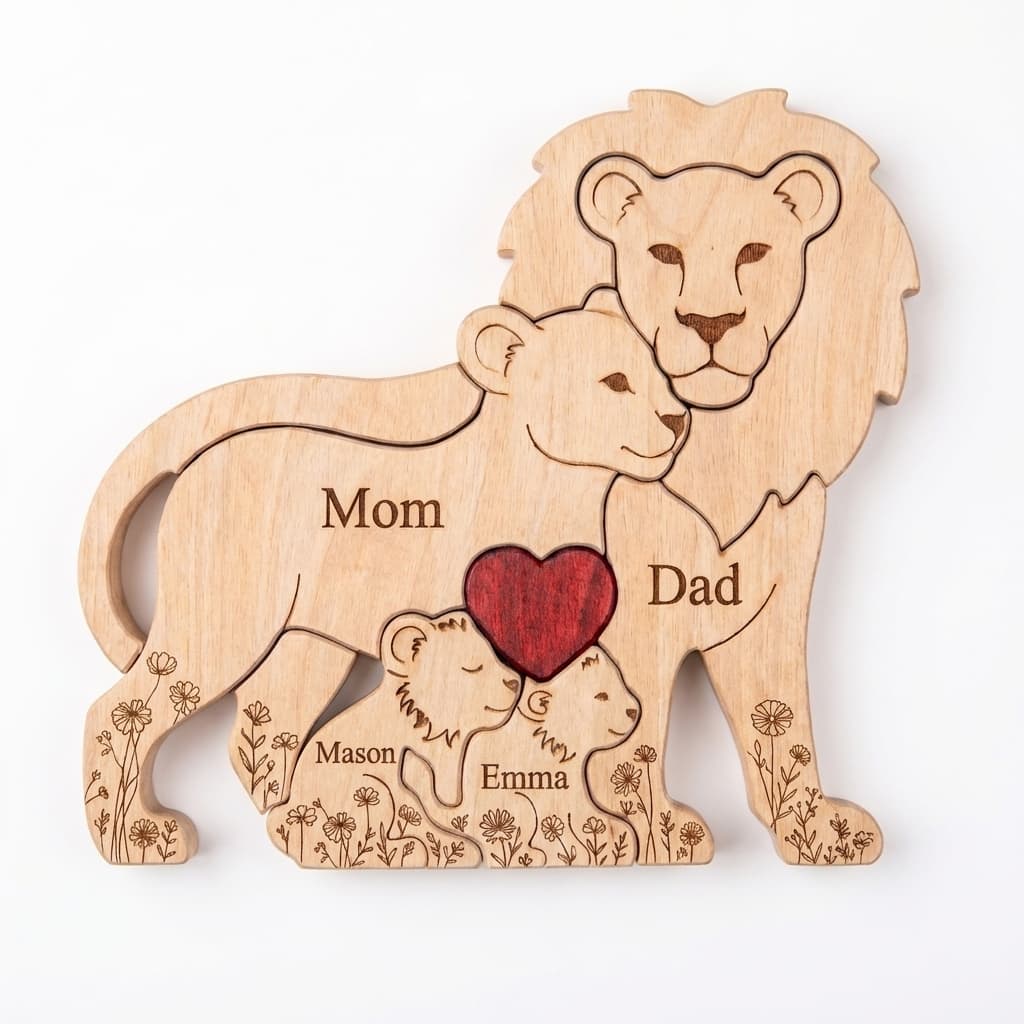 Lion Family Wooden Puzzle Floral Version