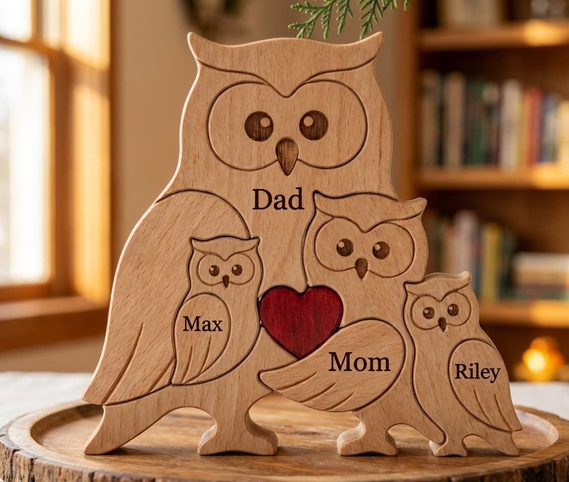 Owl Family Wooden Puzzle close-up