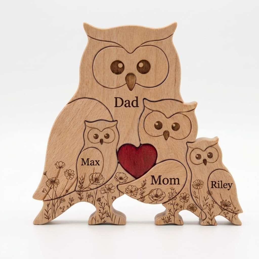 Owl Family Wooden Puzzle Floral Version