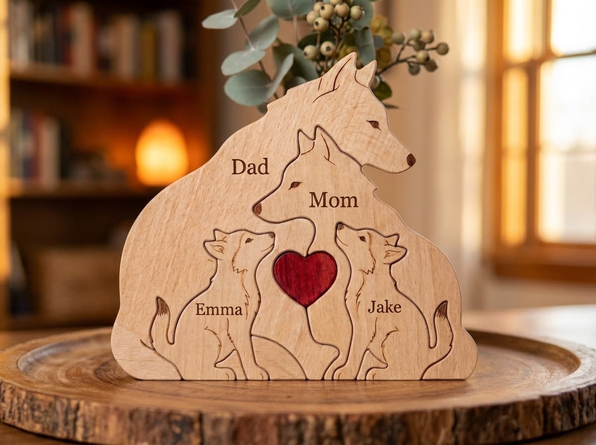 Wolf Family Wooden Puzzle close-up