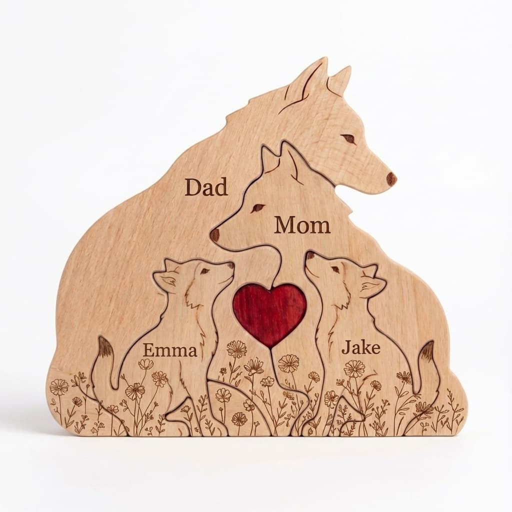 Wolf Family Wooden Puzzle Floral Version