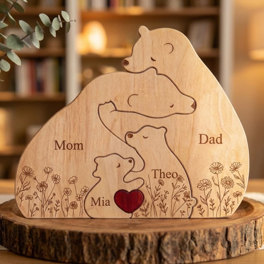 Bear Family Wooden Puzzle Floral Version close-up