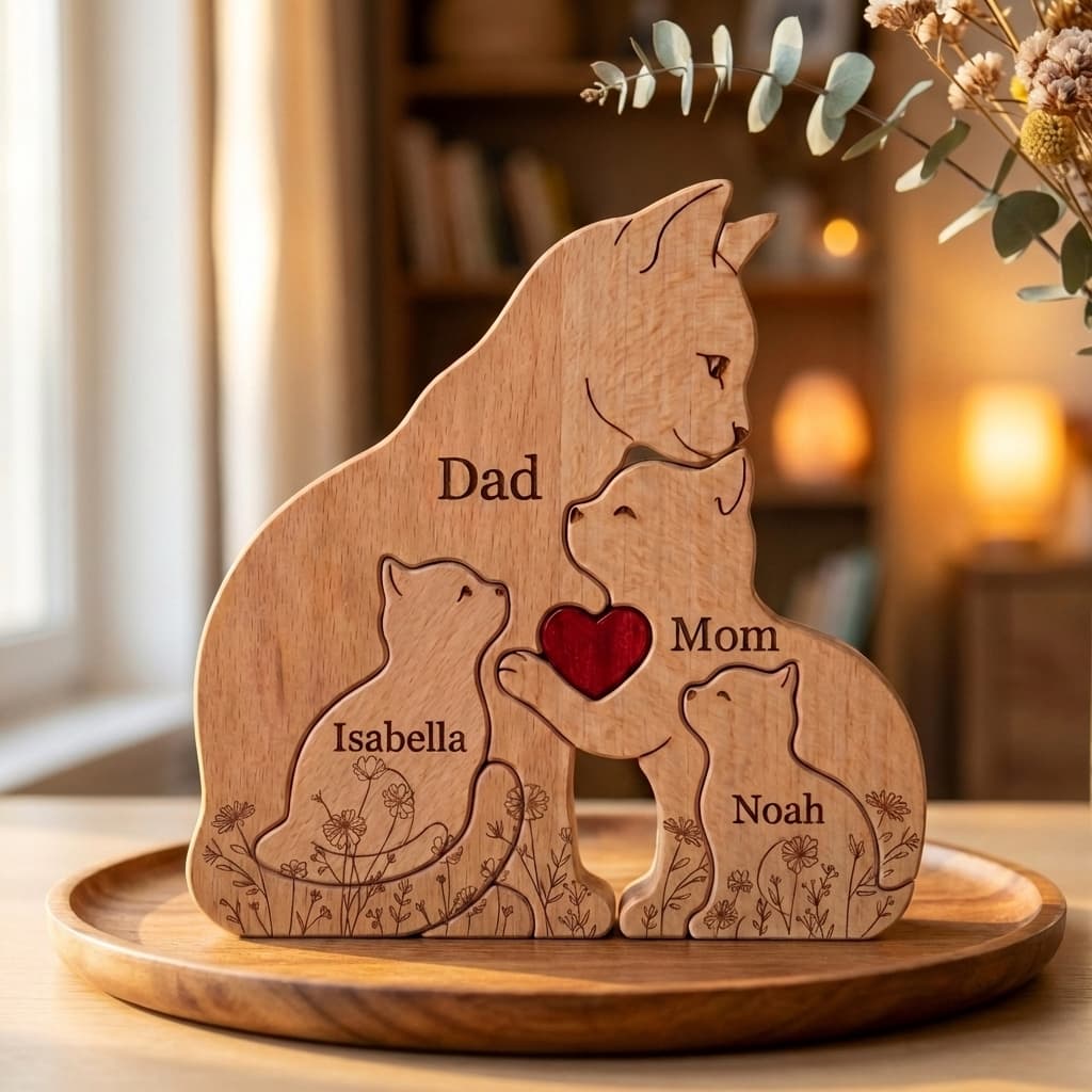 Cat Family Wooden Puzzle Floral Version close-up