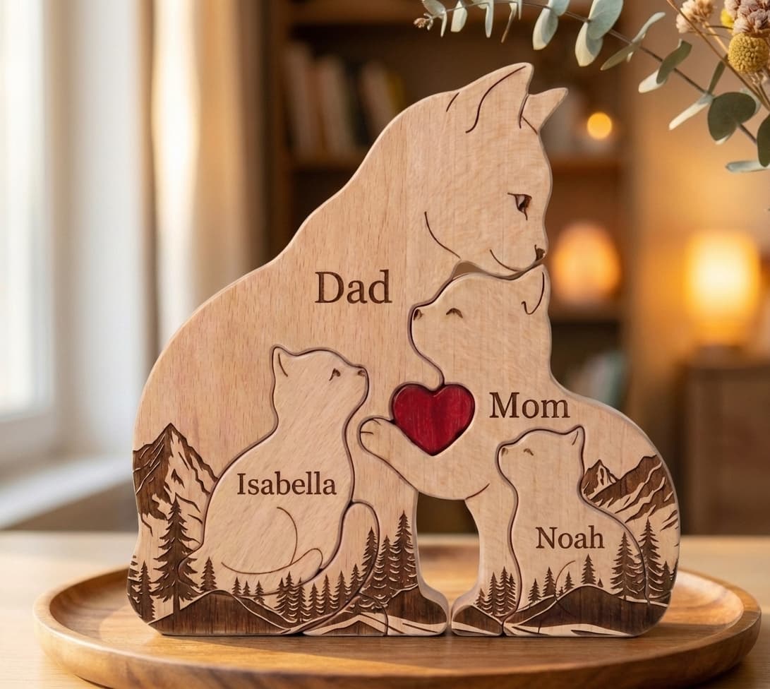 Cat Family Wooden Puzzle Mountain Version close-up