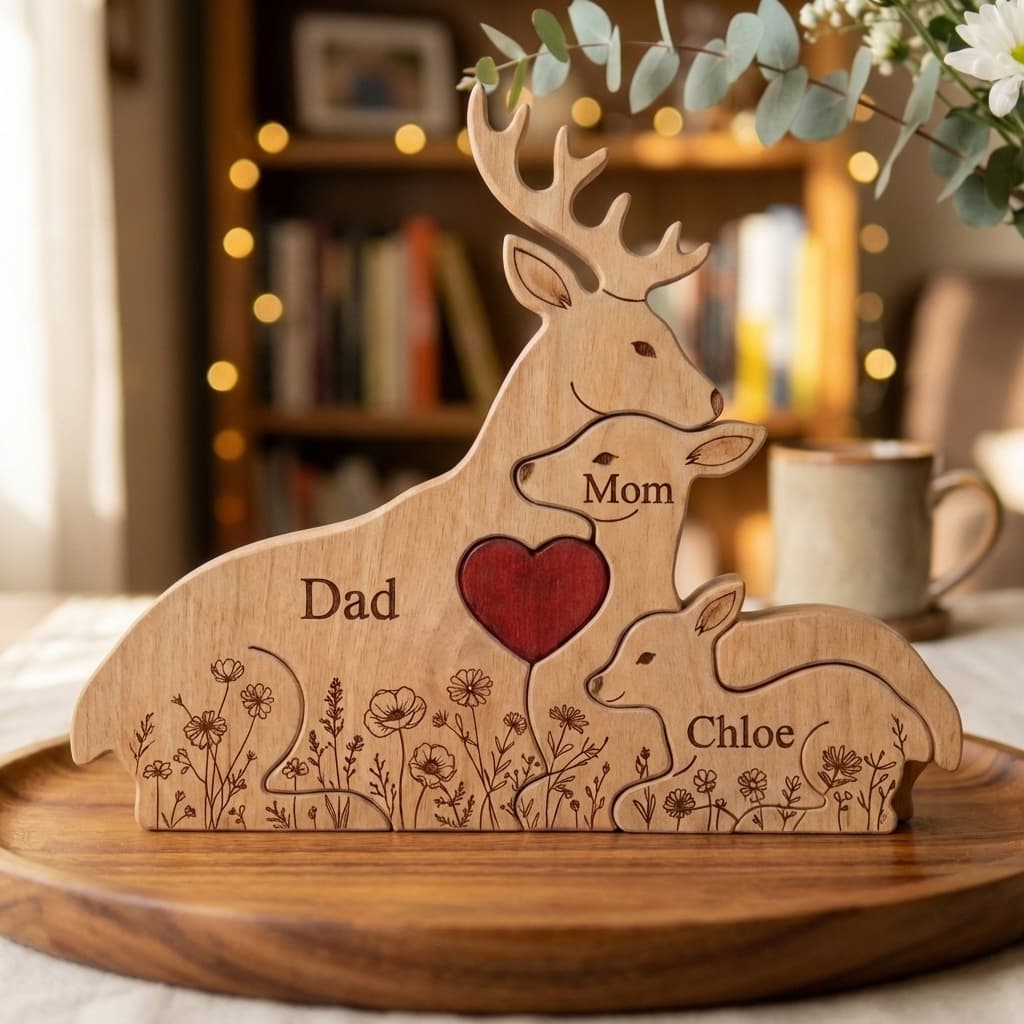 Deer Family Wooden Puzzle Floral Version close-up