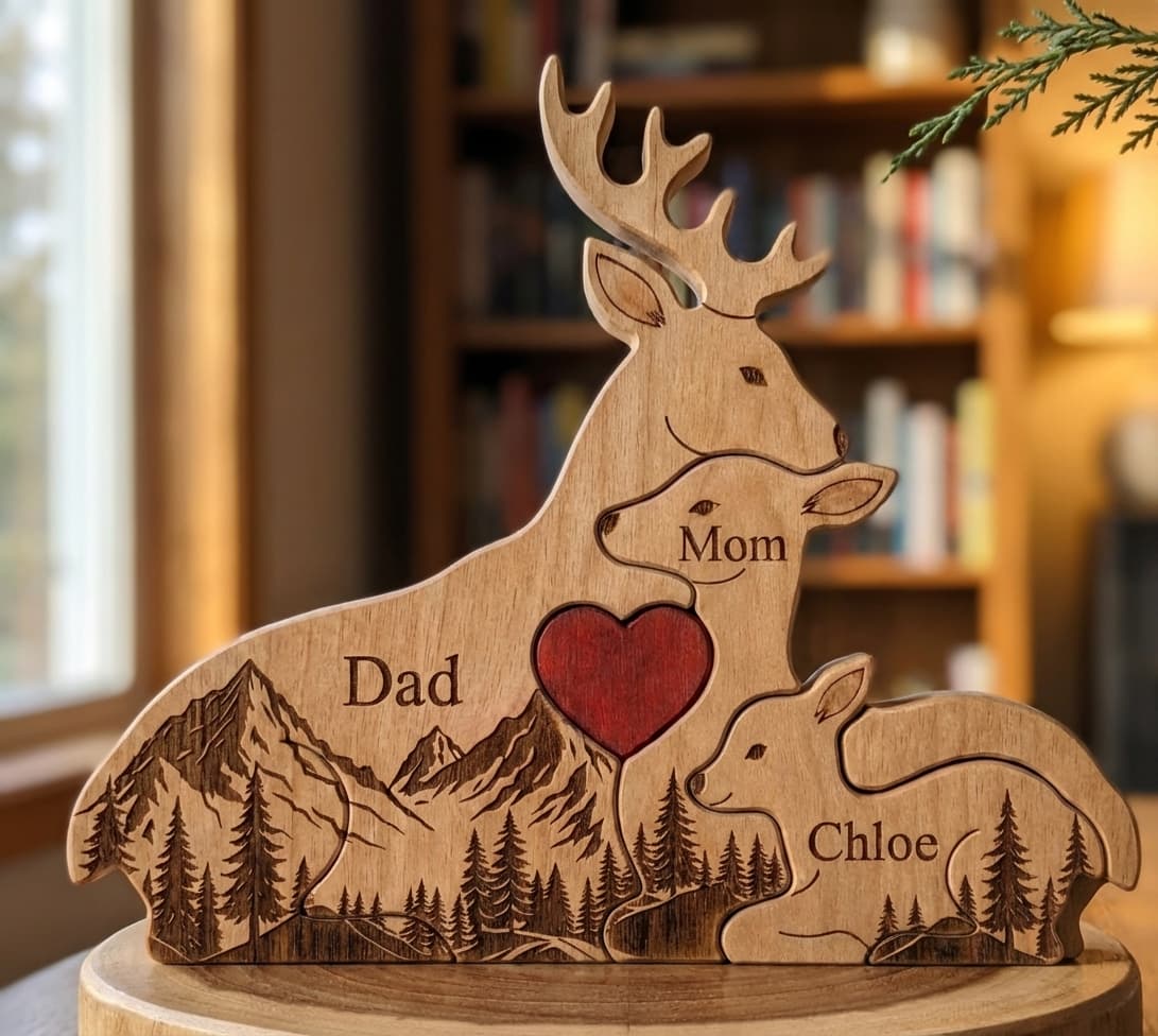 Deer Family Wooden Puzzle Mountain Version close-up