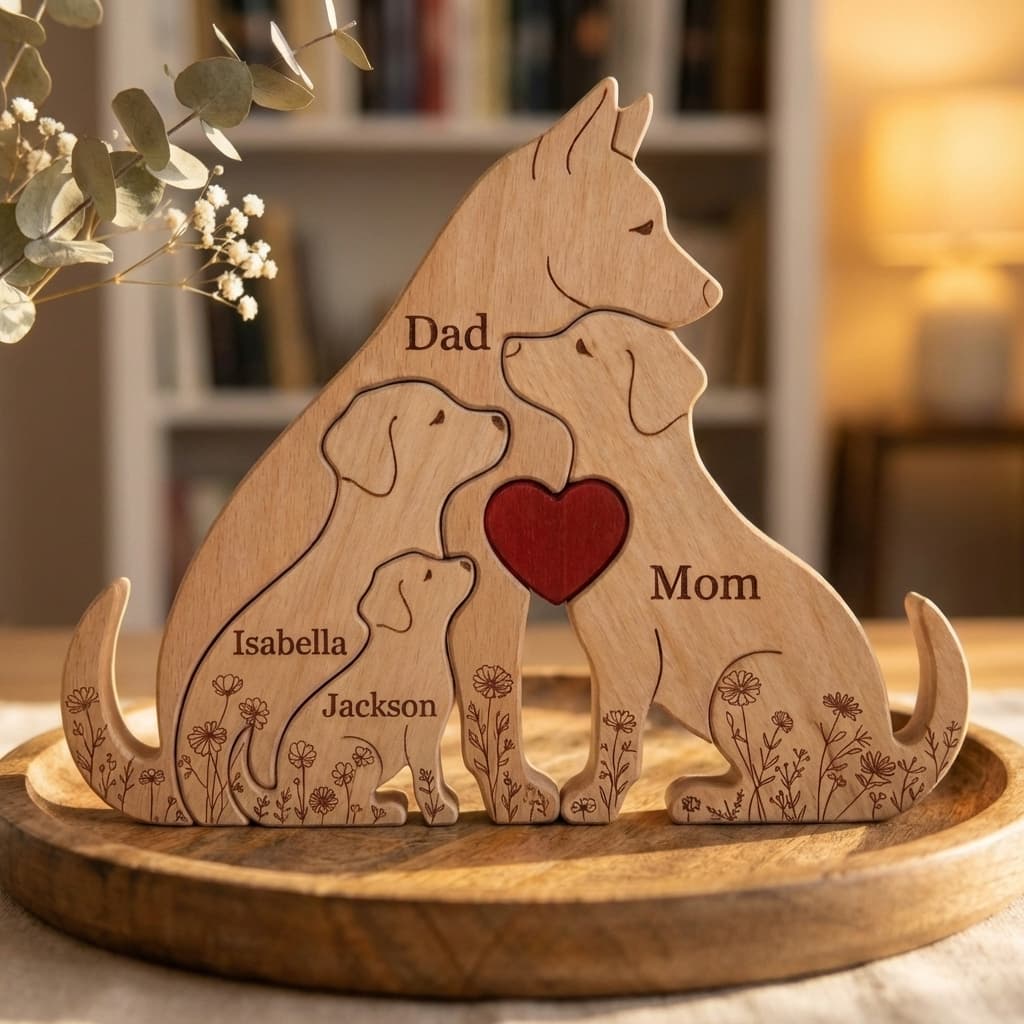 Dog Family Wooden Puzzle Floral Version close-up