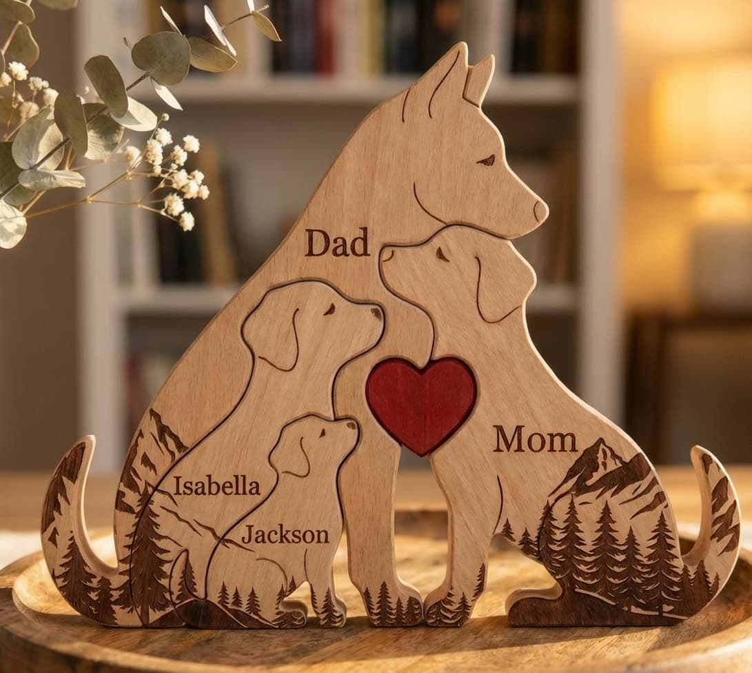 Dog Family Wooden Puzzle Mountain Version close-up