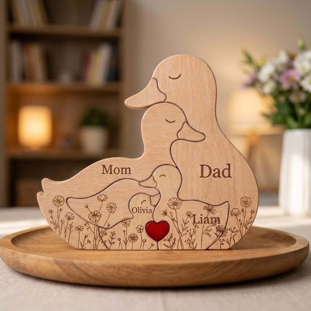 Duck Family Wooden Puzzle Floral Version close-up