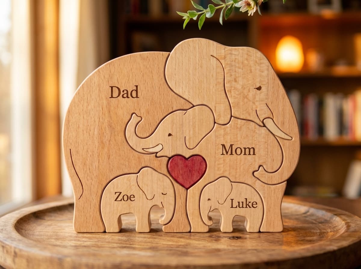 Elephant Family Wooden Puzzle close-up