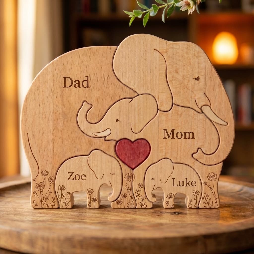 Elephant Family Wooden Puzzle Floral Version close-up