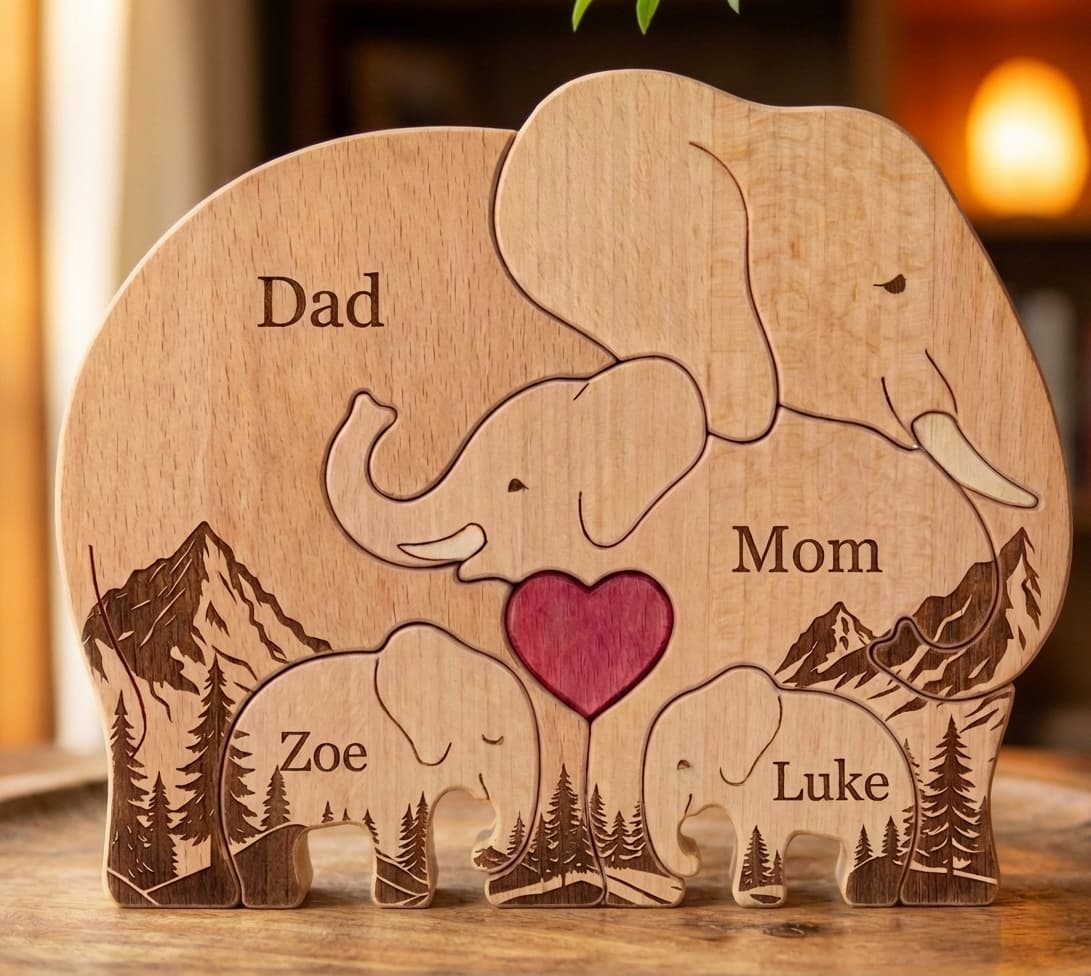 Elephant Family Wooden Puzzle Mountain Version close-up