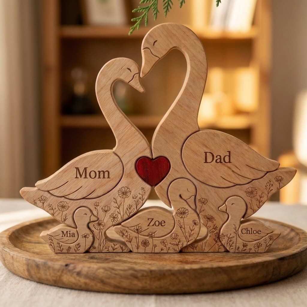 Goose Family Wooden Puzzle Floral Version close-up
