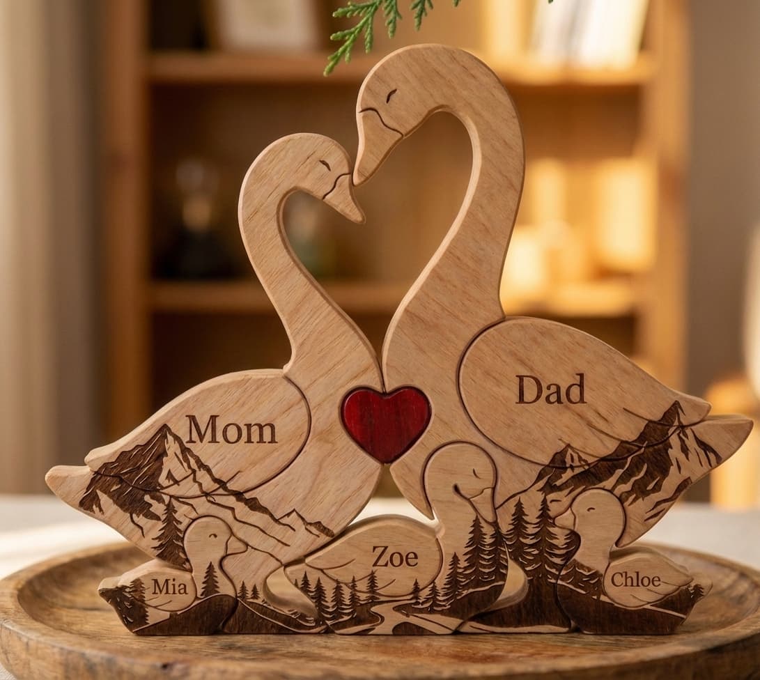 Goose Family Wooden Puzzle Mountain Version close-up