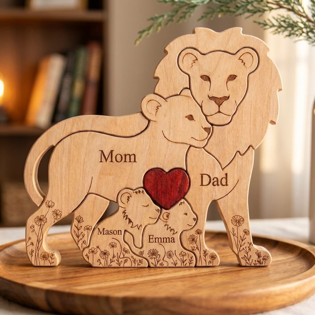Lion Family Wooden Puzzle Floral Version close-up