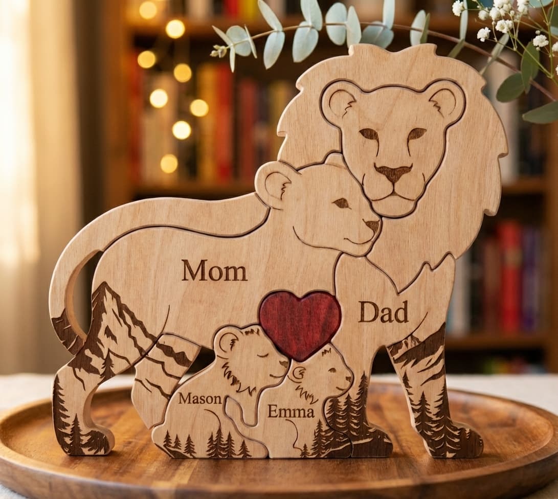 Lion Family Wooden Puzzle Mountain Version close-up
