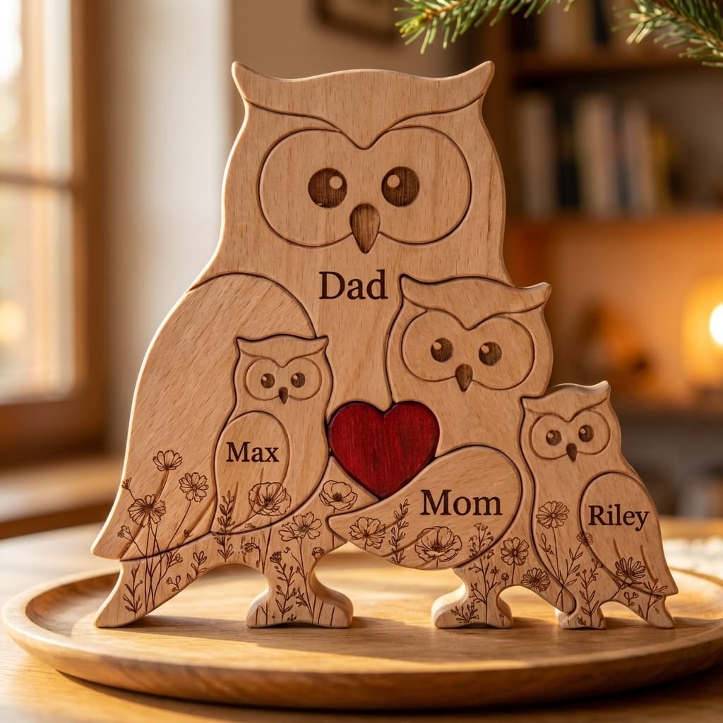 Owl Family Wooden Puzzle Floral Version close-up