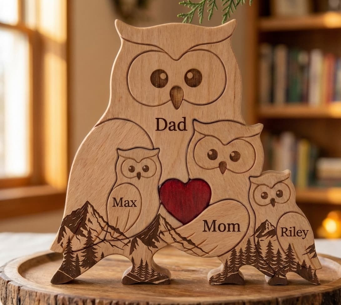 Owl Family Wooden Puzzle Mountain Version close-up