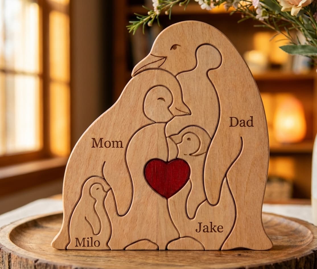 Penguin Family Wooden Puzzle close-up