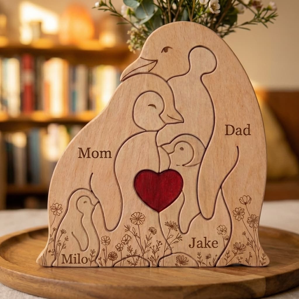 Penguin Family Wooden Puzzle Floral Version close-up