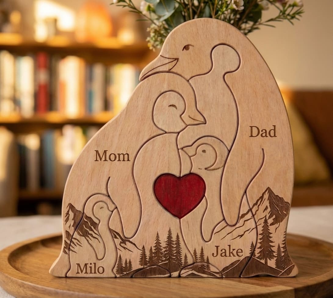 Penguin Family Wooden Puzzle Mountain Version close-up