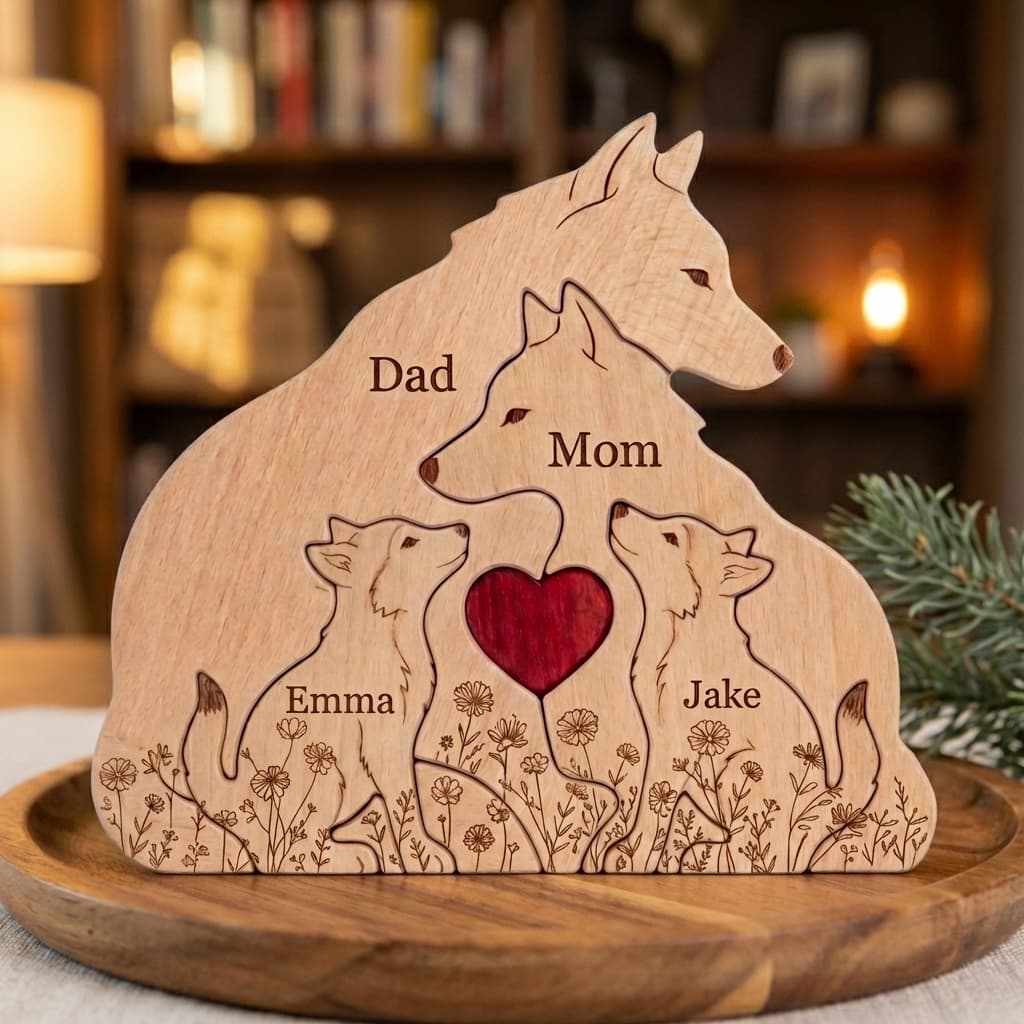 Wolf Family Wooden Puzzle Floral Version close-up