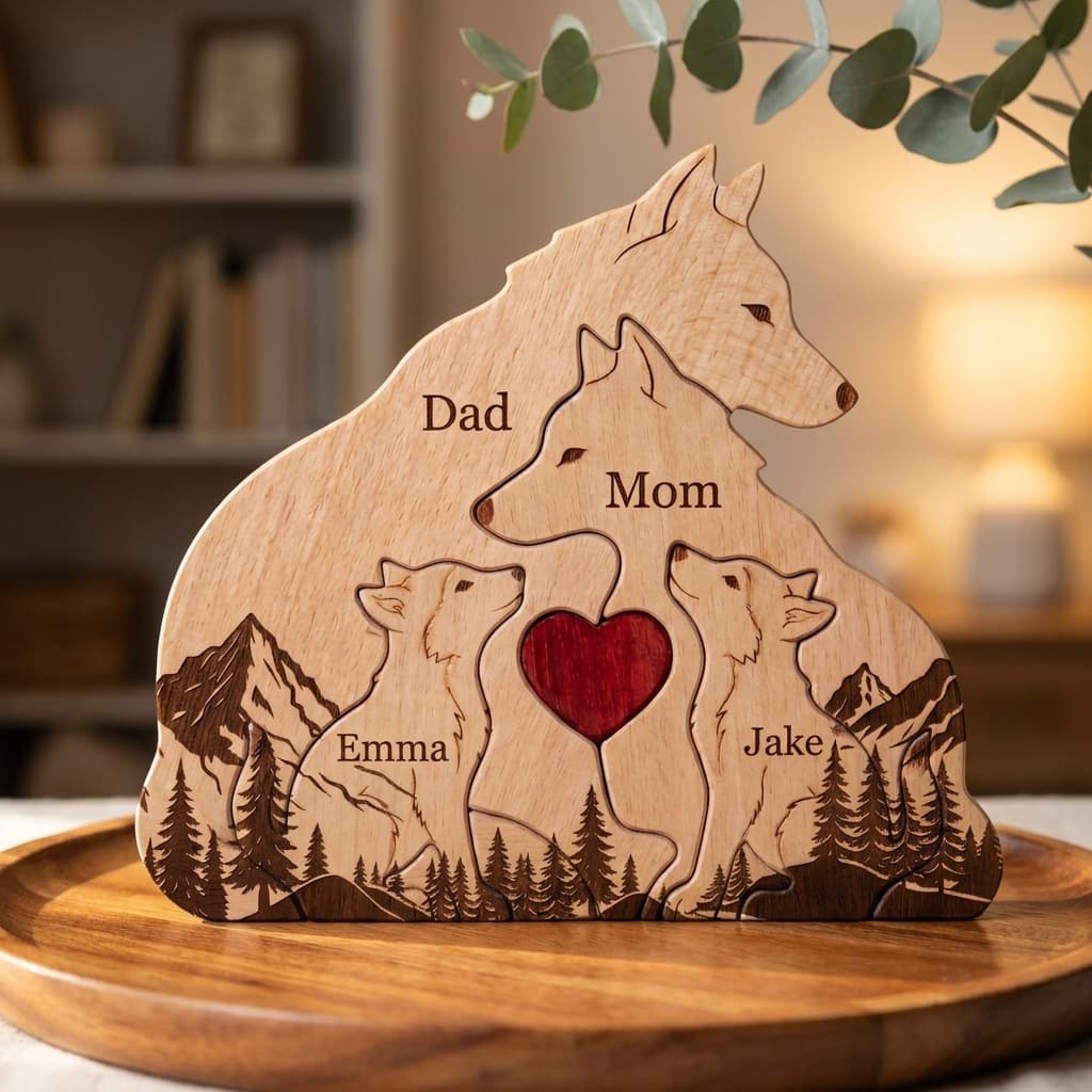 Wolf Family Wooden Puzzle Mountain Version close-up
